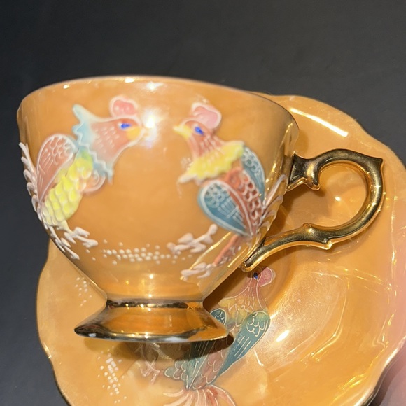 VTG SHAFFORD HAND DECORATED JAPAN MORIAGE 3D ROOSTER CUP & SAUCER LUSTER GOLD - Picture 4 of 5